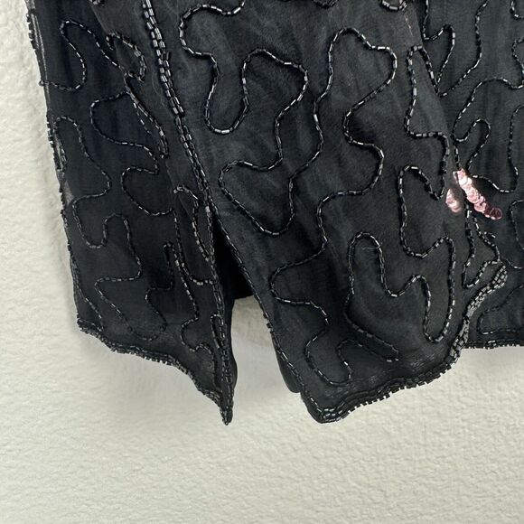 Vintage Elegance By Anujan Beaded Sequin Short Sleeve Silk Blouse Black Medium - Picture 8 of 15